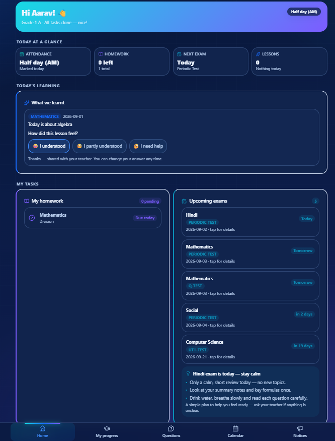 Azhni Student Dashboard showing My Tasks, homework, exam preparation and learning support.